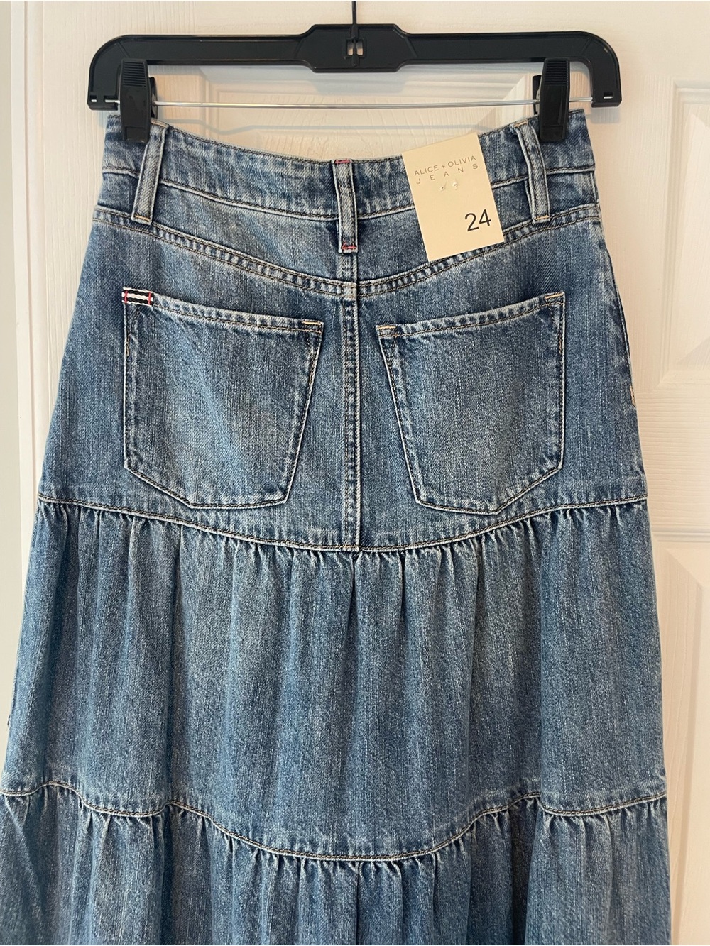 Alice + Olivia Washed Blue Tiered Denim Maxi Skirt - Picture 7 of 7